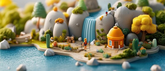 Fototapeta premium Miniature Village With Waterfall