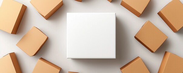 Single White Box Centered Within a Circle of Various Sized Cardboard Boxes in an Organized Pattern