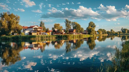 Fototapeta premium A picturesque village by a calm river with reflections of charming houses.