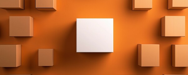 Symmetrical Arrangement of Cardboard Boxes Surrounding a Bright White Box in the Center