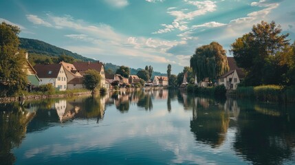 Fototapeta premium A picturesque village by a calm river with reflections of charming houses.
