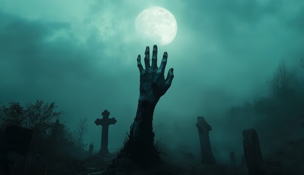 Zombie hand rising out of a graveyard at full moon at night. Scary, spooky Halloween and horror concept. 