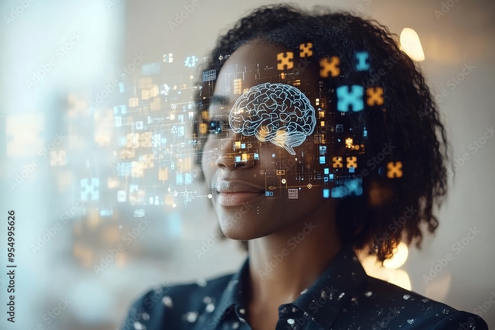 Poster ms archiving futuristic digital art of a woman with brain visuals symbolizing the integration of tec