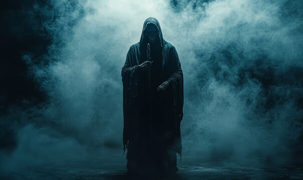 Grim reaper with smoky background. Halloween and horror concept. Scary dark black undead villain. Silhouette of a creepy eerie mysterious death daemon.