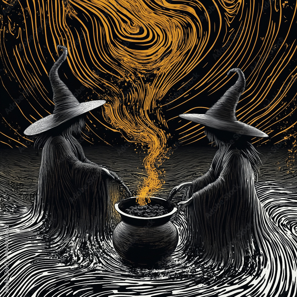 Wall mural halloween fantasy: two witches around a cauldron preparing a magic potion, line illustration