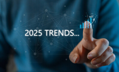 Human use smartphone searching keyword of 2025 trends, business trends, fashion trends, start up, marketing, planning, technology update, year 2025, SEO, digital marketing online