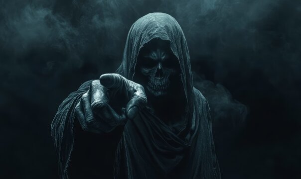 Grim reaper with smoky background. Halloween and horror concept. Scary dark black undead villain pointing with the finger at you. Silhouette of a creepy eerie mysterious death daemon. - Powered by Adobe
