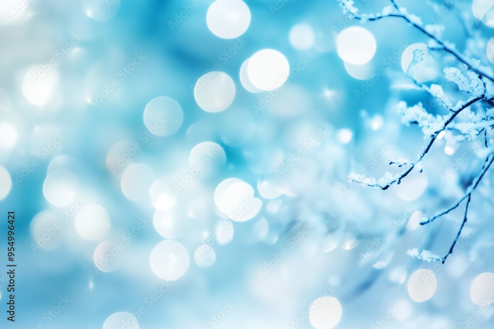 Poster soft bokeh of frosty branches with snow in a wintry landscape illuminated by blurred light during th