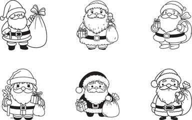 Santa Claus with Gifts and Candy Cane, Doodle Line Art Illustration.