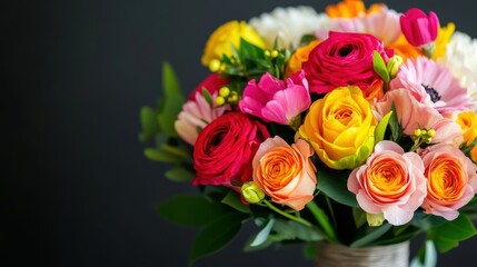 Brightly colored roses, daisies, and anemones create a stunning bouquet that beautifully contrasts with the dark background