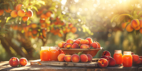 Traditional peach preserve in a rustic glass jars, capturing the essence of a countryside harvest at sunny orchard