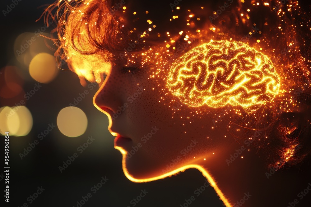 Poster brainstem archiving abstract portrait of a woman with a glowing brain on a dark background symbolizi