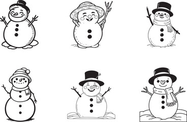 Set of Snowman Icons in Line Art - Winter Vector Design.