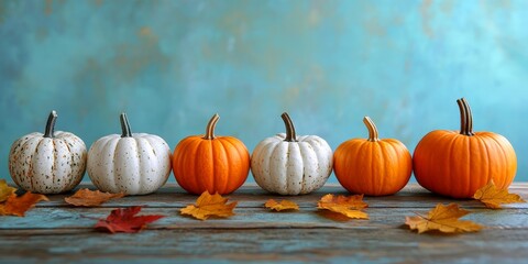 Rustic Pumpkin Display on Wooden Table with Autumn Leaves