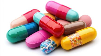 Colorful pills in different shapes and sizes are arranged on a white background, highlighting their vibrant hues for health-related uses