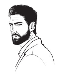 hand-drawn fashion illustration of attractive man with beard