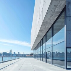 Modern architectural design showcasing sleek lines and expansive glass windows along a waterfront promenade on a clear day