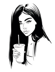 hand-drawn fashion illustration of young woman with cup