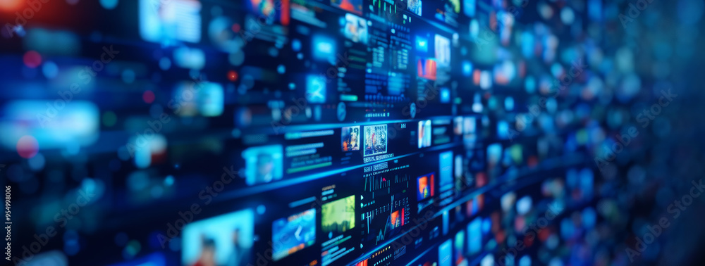 Poster digital background of multiple images and video screens,