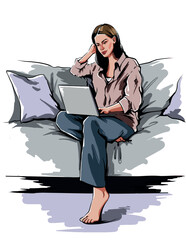 Woman sitting on couch with laptop. Working from home