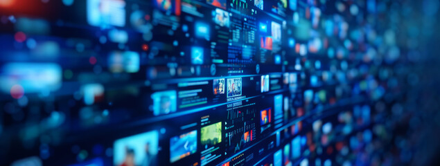 digital background of multiple images and video screens,	