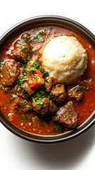 Beef Stew with Rice Dumpling in a Brown Bowl