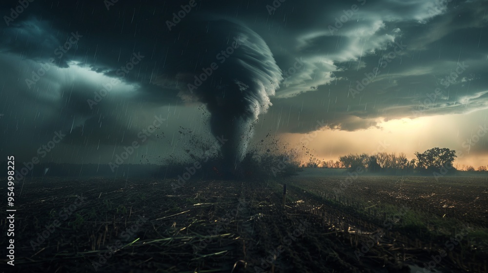 Poster a tornado is blowing through a field of crops