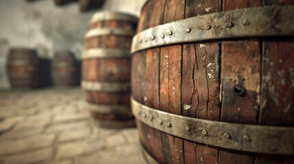 Fototapeta premium Rustic wine barrels rest in a dimly lit cellar, showcasing their weathered textures against the ancient stone backdrop