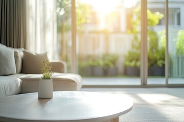 Blur living room at home with morning sunlight at big window for background usage. blur interior background concept. white, britht tone , ai