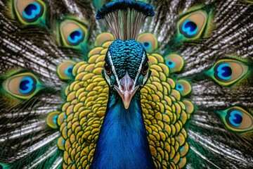Fototapeta premium Close-up of a Peacock's Head and Feathers