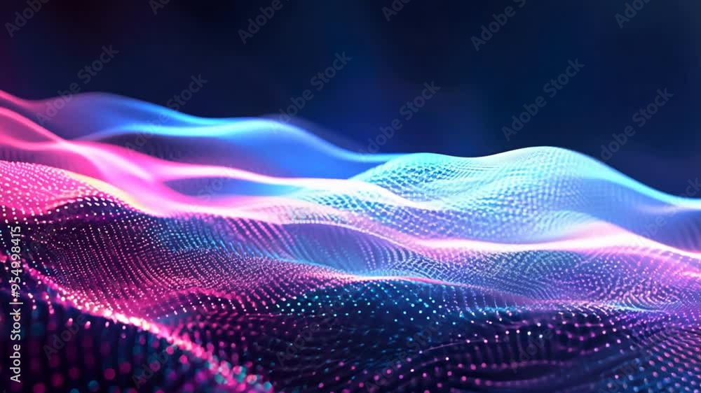 Poster abstract futuristic background with glowing particles and dots in blue and pink colors. big data vis