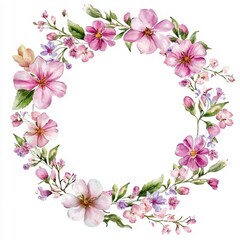 Fototapeta premium Beautiful floral wreath with pink and white flowers, perfect for invitations, cards, and decorative projects.