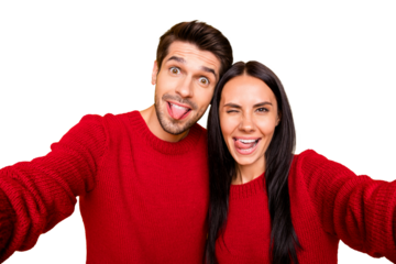 Close up photo of cheerful spouses grimace take self portrait wear red sweater isolated over yellow background