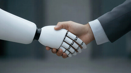 Close-up of a human hand shaking hands with a robot, representing collaboration, partnership, and integration between humans and advanced technology.