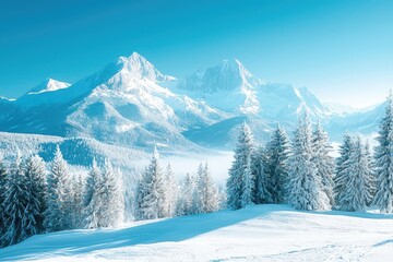 Obraz premium Snowcovered mountains beneath a clear blue sky create a stunning winter vista