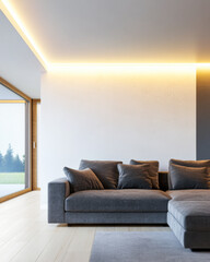 Fototapeta premium Modern living room interior design with warm led lighting and minimalist furniture.