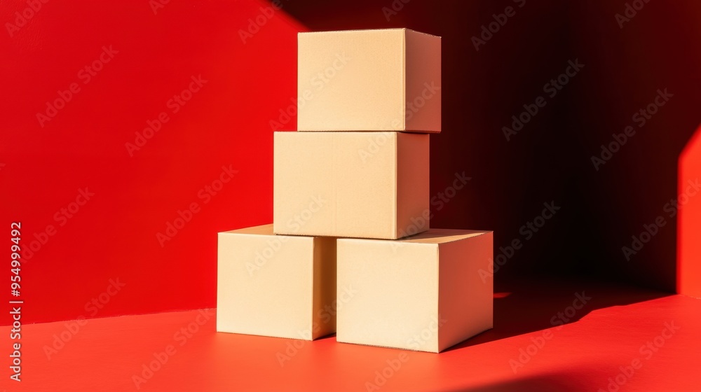 Poster Four empty cardboard boxes are arranged in a neat stack against a bright red background, creating a striking visual contrast