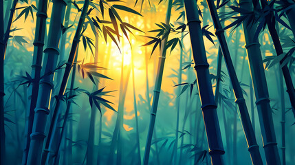 Bamboo Forest at Sunset - Serene Nature Scene with Lush Green Foliage and Golden Light Streaming Through the Trees