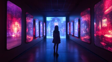 Woman Silhouetted in a Hallway of Colorful Lights