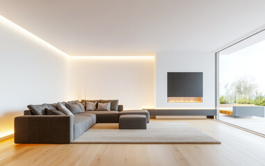 Modern living room interior design with warm led lighting and minimalist furniture.