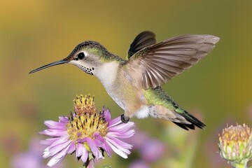 Naklejka premium Hummingbird Hovering Near Purple Flower
