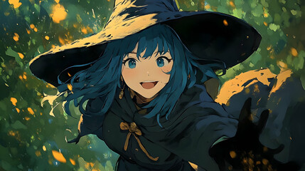 Smiling Witch with Blue Hair Wearing a Large Black Hat, Flying Through Magical Forest, Animated Background