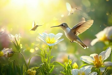Fototapeta premium Hummingbird in Flight with Flowers and Sun