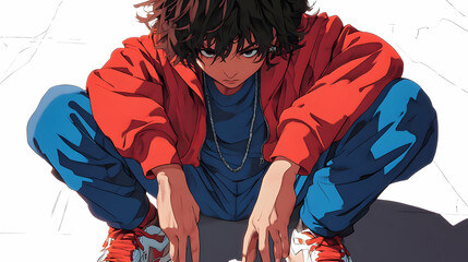 Obraz premium Animated Character in Red Jacket and Blue Pants Sits with a Determined Expression, a Stylish Anime Style Illustration