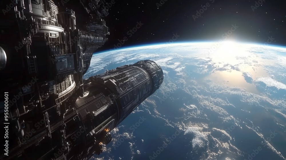Poster a space station orbiting the earth it features a detailed spaceship and stunning views of the planet