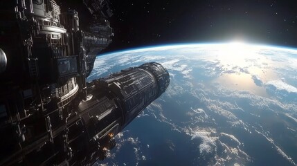 A space station orbiting the earth It features a detailed spaceship and stunning views of the planet below.