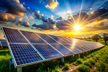 Solar panels against the background of sunlight