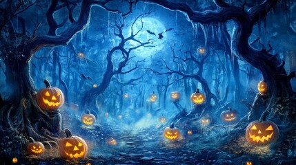 A Halloween-themed wallpaper featuring a dark, foggy forest illuminated by the eerie glow of a full moon. The scene is filled with twisted, gnarled trees casting long shadows across the ground.