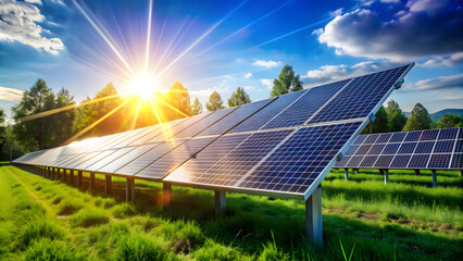 Solar panels against the background of sunlight