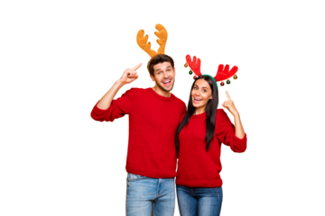 Portrait of charming spouses point at their deer handband reccomend product wear red pullover denim jeans isolated over yellow background